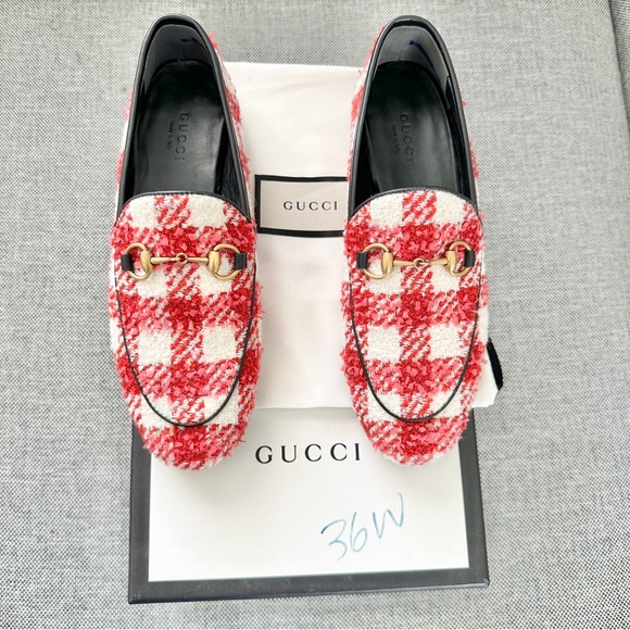 NEW Gucci Princetown Tweed Horsebit Loafers EU 36 US 6 Red and Pink Check - Picture 5 of 10